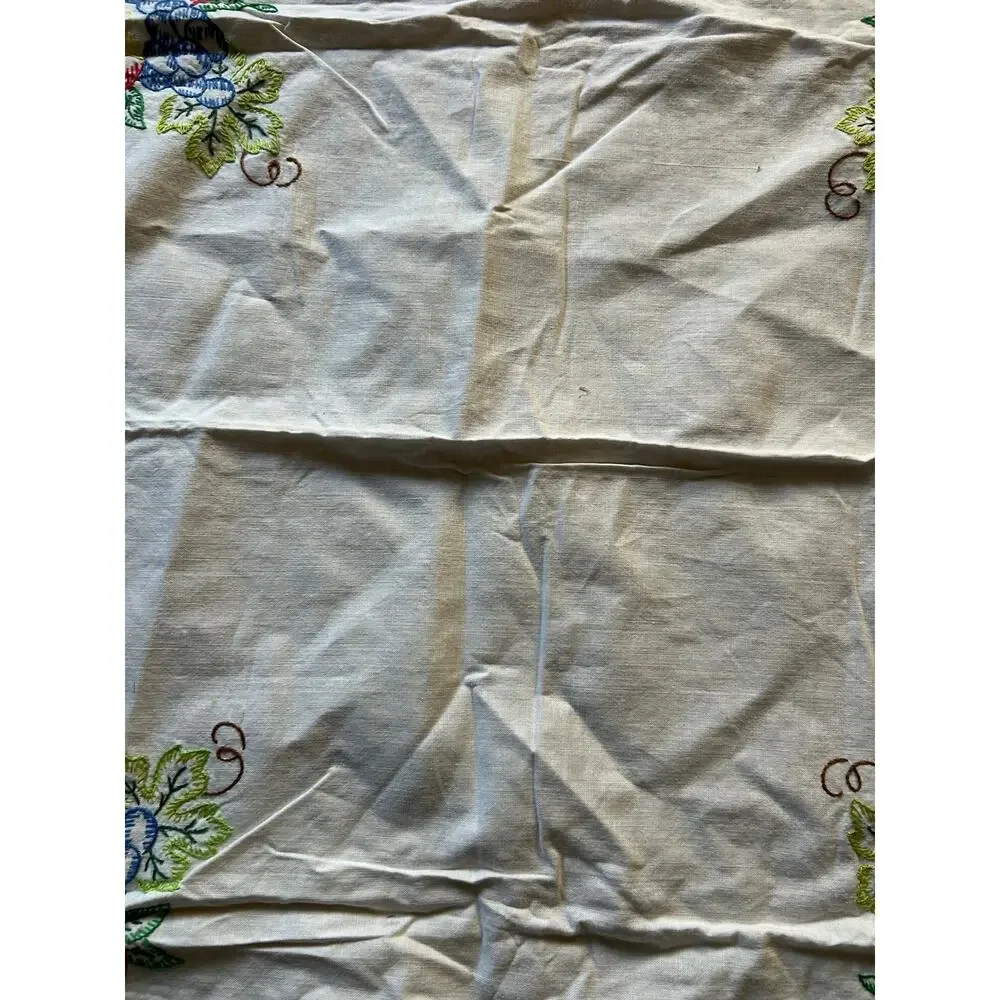 Vintage hand-embroidered square table topper tablecloth fruit design